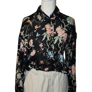 GP & J Baker x HM Floral Bird Print Blouse Black Long Sleeve Button Up Size 2